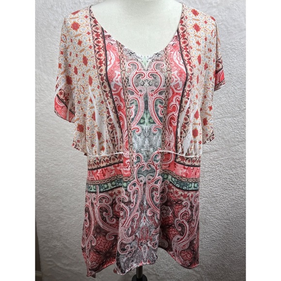 Live and Let Live Women Paisley Print Tunic Boho Flowy Short Sleeve Blouse XL - Picture 1 of 8